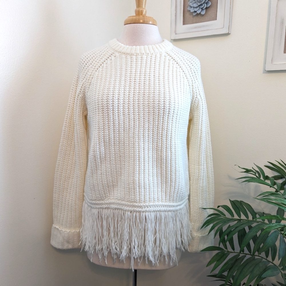Moon River | Anthropologie Fringe Chunky Knit Sweater Cream Medium